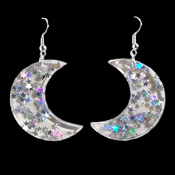 Resin Holographic Star Crescent Moon Earrings - Picture 2 of 2